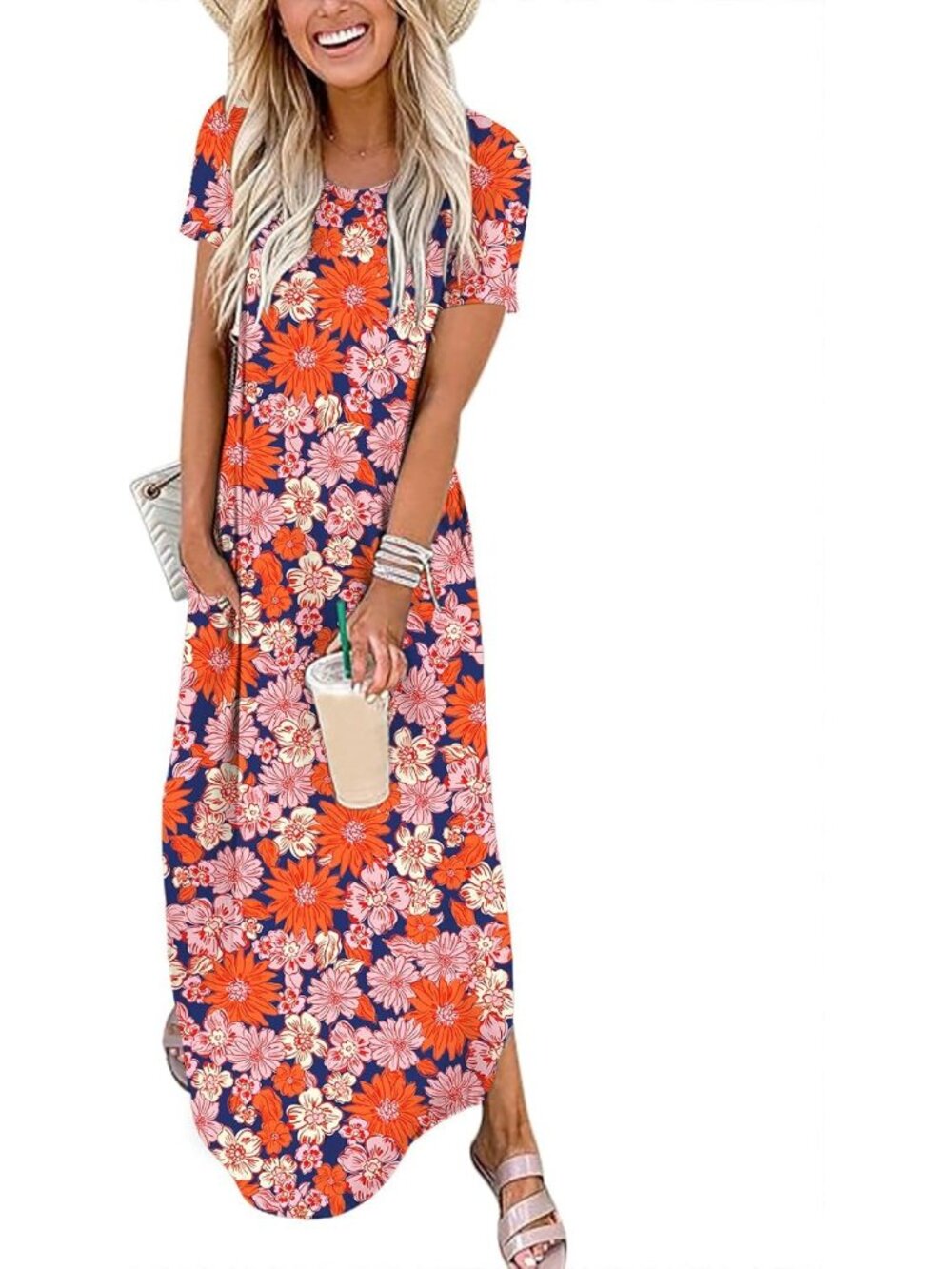 Women's Floral Orange Pink Summer Maxi Dress Short Sleeve Casual Split T Shirt